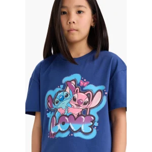 Defacto E2625 İndigo Kız Çocuk Disney Lilo & Stitch Relax Fit Bisiklet Yaka Kısa Kollu Tişört