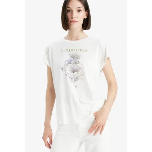 Defacto F5098 Ekru Bisiklet Yaka Çiçek Baskılı Kısa Kollu Tişört