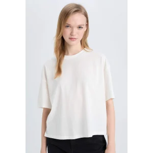 Defacto E0291 Beyaz Coool Loose Fit Bisiklet Yaka Basic Düz Kalın Kısa Kollu Beyaz Tişört