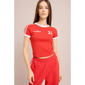 Defacto E0332 Kırmızı Coool Fitted Baskılı Ribana Kısa Kollu Tişört