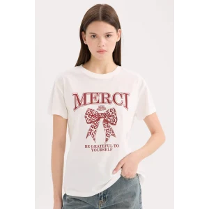 Defacto D9606 Beyaz Regular Fit Bisiklet Yaka Baskılı Kısa Kollu Tişört