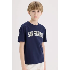 Defacto E0172 Lacivert Erkek Çocuk Bisiklet Yaka Baskılı Kısa Kollu Tişört