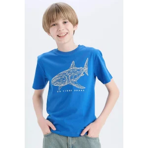 Defacto E0431 Mavi Erkek Çocuk Bisiklet Yaka Baskılı Kısa Kollu Tişört