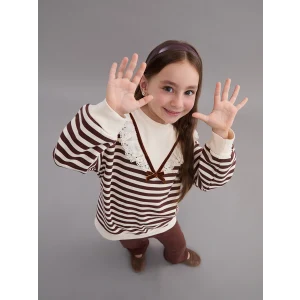 LCW Kids Kahverengi Bebe Yaka Çizgili Kız Çocuk Sweatshirt ve Tayt 2li