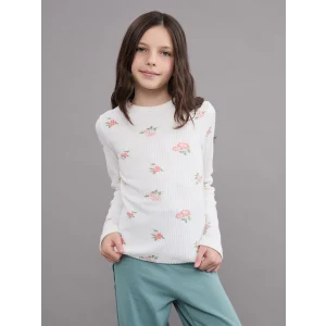 LCW Kids Ekru Bisiklet Yaka Çiçekli Kız Çocuk Tişört