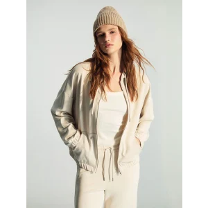 XSIDE Bej Kapüşonlu Oversize Kadın Fermuarlı Sweatshirt