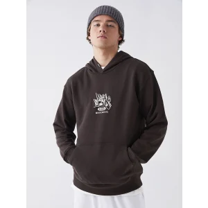 XSIDE Kahverengi Uzun Kollu Baskılı Erkek Kalın Hoodie