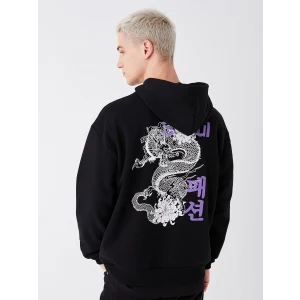XSIDE Siyah Uzun Kollu Baskılı Erkek Kalın Hoodie