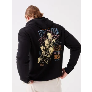 XSIDE Siyah Uzun Kollu Baskılı Erkek Kalın Hoodie
