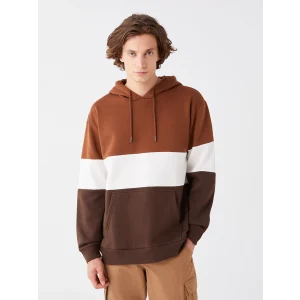 XSIDE Kahverengi Uzun Kollu Renk Bloklu Erkek Kalın Hoodie