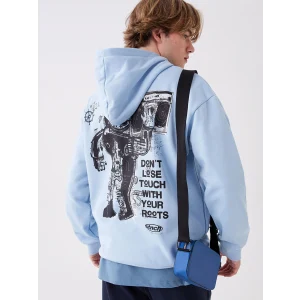 XSIDE Mavi Uzun Kollu Baskılı Erkek Kalın Hoodie