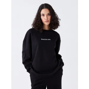 LCW Vision Siyah Bisiklet Yaka Baskılı Oversize Kadın Kalın Sweatshirt