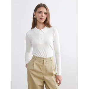 LCW Modest Ekru Polo Yaka Fitilli Kadın Tişört