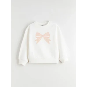 LCW Kids Ekru Bisiklet Yaka Fiyonk Baskılı Kız Çocuk Sweatshirt