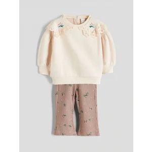 LCW baby Bej Bebe Yaka Kız Bebek Sweatshirt ve Tayt Pantolon