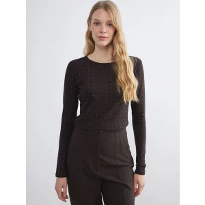 LCWAIKIKI Basic Kahverengi Bisiklet Yaka Taşlı Kadın Tişört