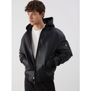 XSIDE Siyah Standart Kalıp Kapüşonlu Erkek Deri Görünümlü Ceket