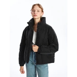 LCW Vision Siyah Dik Yaka Oversize Deri Görünümlü Kadın Şişme Mont