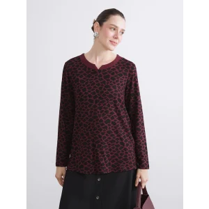 LCW Grace Bordo Bisiklet Yaka Leopar Desenli Kadın Tişört