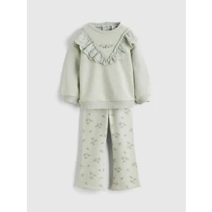 LCW Kids Yeşil Fırfırlı Çiçekli Kız Bebek Sweatshirt ve Tayt