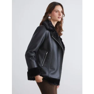 LCW Vision Siyah Biker Yaka Kadın Deri Görünümlü Mont