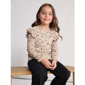 LCW Kids Bej Uzun Kollu Çiçek Desenli Kız Çocuk Tişört