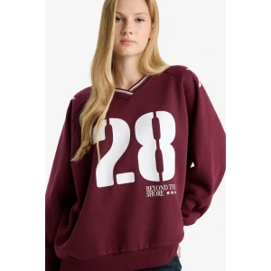 Defacto E8793AXBR467 Bordo Coool Oversize Geniş Kalıp V Yaka Baskılı Kalın Sweatshirt
