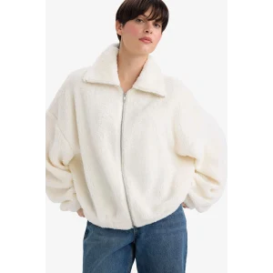 Defacto C8229AXER105 Ekru Oversize Geniş Kalıp Polo Yaka Welsoft Pelüş Hırka