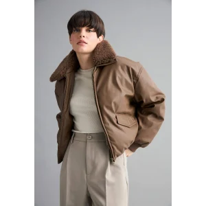 Defacto F2813AXBN530 Kahve Regular Fit Polo Yaka Suni Deri Mont