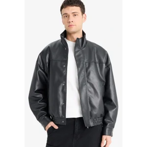 Defacto D2427AXBK27 Siyah Su İtici Oversize Fit Geniş Kalıp Dik Yaka İç Cepli Çıtçıt Kapamalı Beli Lastikli Deri Ceket Mont