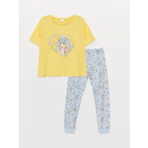 LCW Kids Sarı Bisiklet Yaka Baskılı Kısa Kollu Kız Çocuk Pijama Takımı