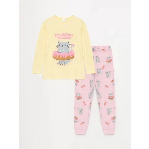 LCW Kids Sarı Bisiklet Yaka Baskılı Uzun Kollu Kız Çocuk Pijama Takımı