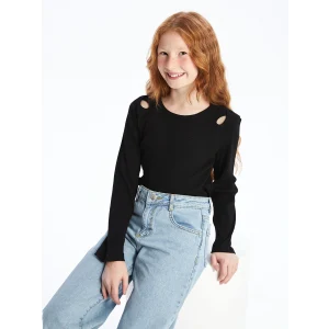 LCW Kids Siyah Bisiklet Yaka Basic Uzun Kollu Kız Çocuk Tişört