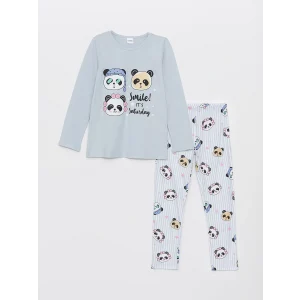 LCW Kids Mavi Bisiklet Yaka Baskılı Uzun Kollu Kız Çocuk Pijama Takımı