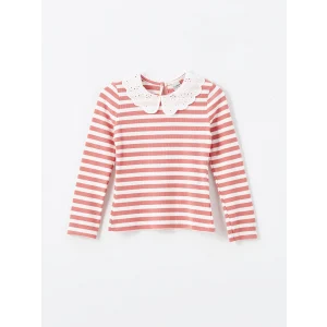 LCW Kids Pembe Bebe Yaka Çizgili Kız Çocuk Tişört