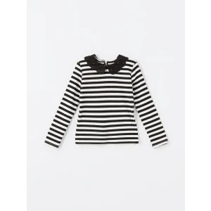LCW Kids Siyah Bebe Yaka Çizgili Kız Çocuk Tişört