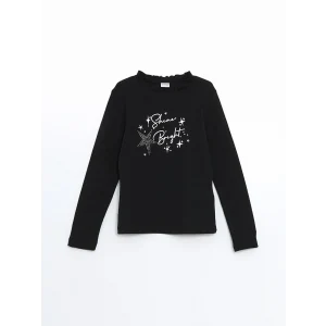 LCW Kids Siyah Dik Yaka Taşlı Kız Çocuk Tişört