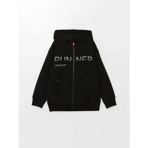 LCW Kids Siyah Kapüşonlu Baskılı Uzun Kollu Erkek Çocuk Fermuarlı Sweatshirt