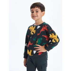 LCW Kids Antrasit Bisiklet Yaka Baskılı Erkek Çocuk Sweatshirt
