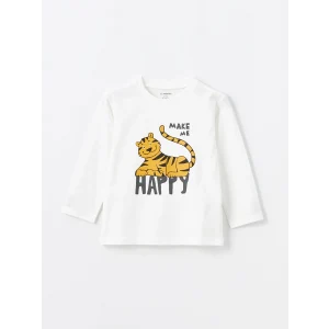 LCW Kids Ekru Bisiklet Yaka Uzun Kollu Baskılı Erkek Çocuk Tişört