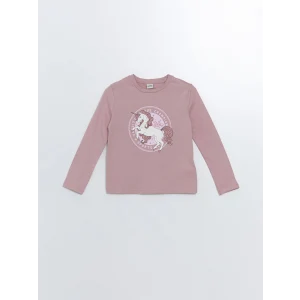 LCW Kids Pembe Bisiklet Yaka Baskılı Uzun Kollu Kız Çocuk Tişört