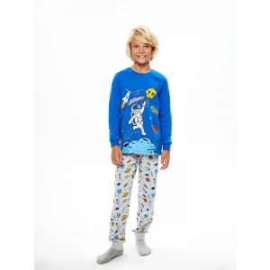 LCW Kids Mavi Bisiklet Yaka Baskılı Uzun Kollu Erkek Çocuk Pijama Takımı