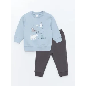 LCW baby Mavi Bisiklet Yaka Baskılı Erkek Bebek Sweatshirt ve Eşofman Alt 2li Takım