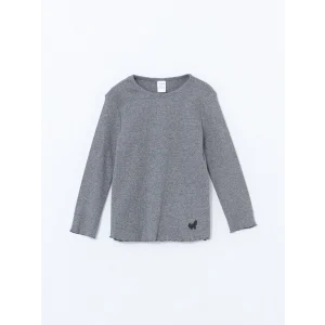 LCW Kids Antrasit Bisiklet Yaka Uzun Kollu Baskılı Kız Çocuk Tişört