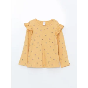 LCW Kids Sarı Bisiklet Yaka Baskılı Kız Çocuk Tişört