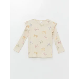 LCW Kids Ekru Bisiklet Yaka Baskılı Kız Çocuk Tişört