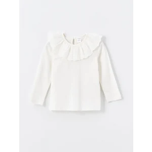 LCW Kids Ekru Bisiklet Yaka Uzun Kollu Nakışlı Kız Çocuk Tişört