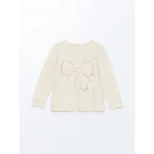 LCW Kids Bej Bisiklet Yaka Uzun Kollu Baskılı Kız Çocuk Tişört