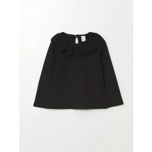 LCW Kids Siyah Bisiklet Yaka Uzun Kollu Nakışlı Kız Çocuk Tişört