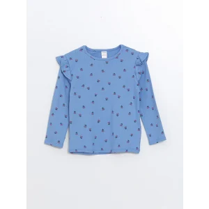 LCW Kids Mavi Bisiklet Yaka Uzun Kollu Çiçekli Kız Çocuk Tişört